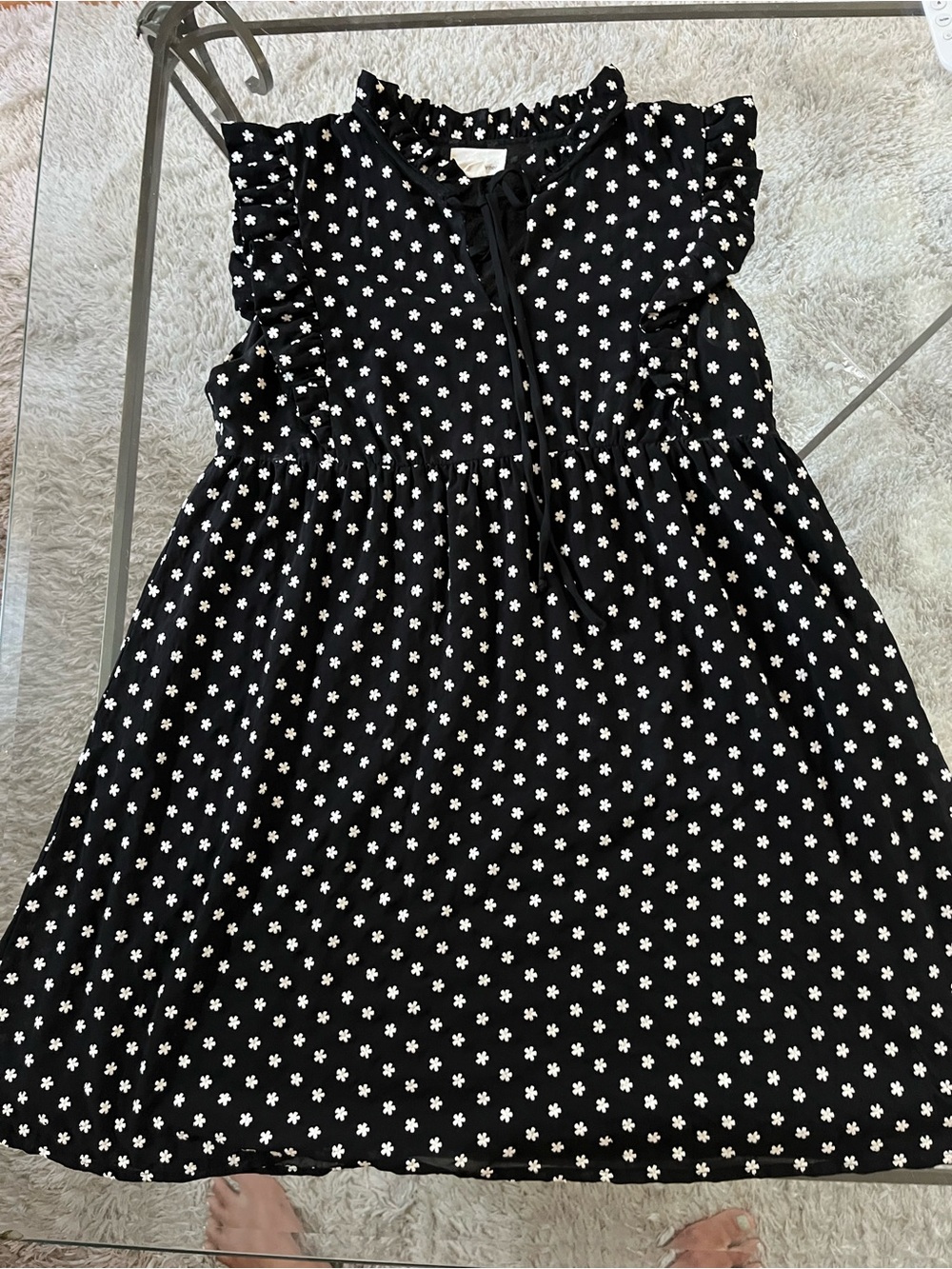 Black Floral-Print Mini Dress with Ruffle Shoulders